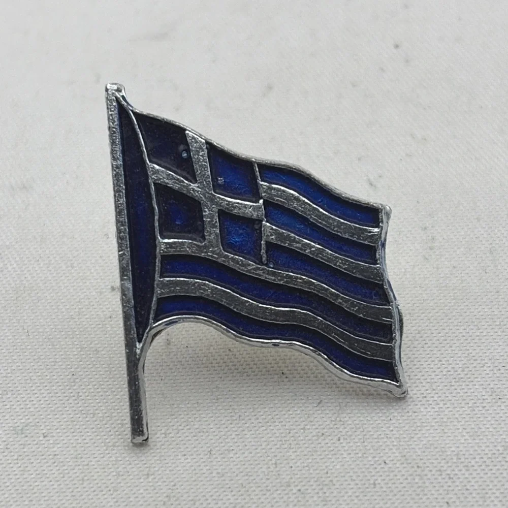 Greece Flag Country Greek Lapel Hat Pin Blue Silver Tone Enamel Travel Souvenir